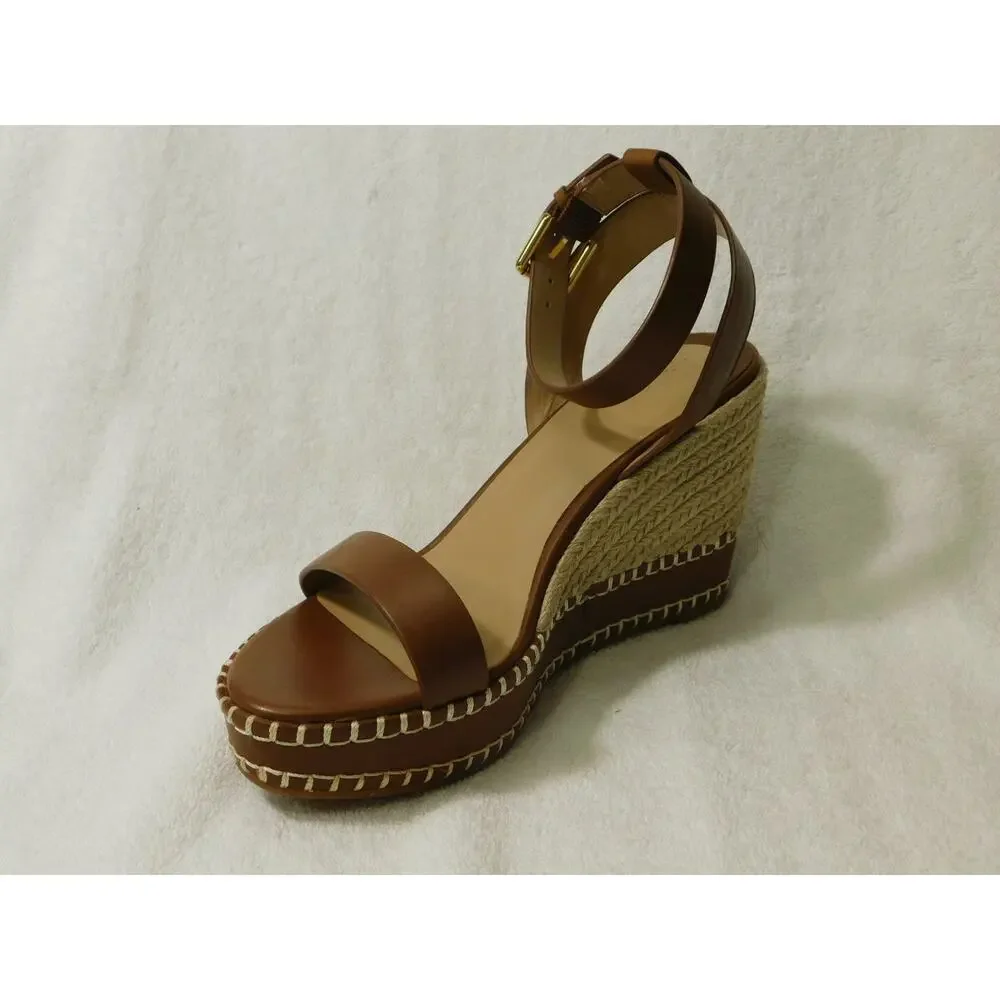 W614 Ralph Lauren Brown Hilarie Burnished Leather Espadrille Sandals Size 8M - Picture 2 of 5